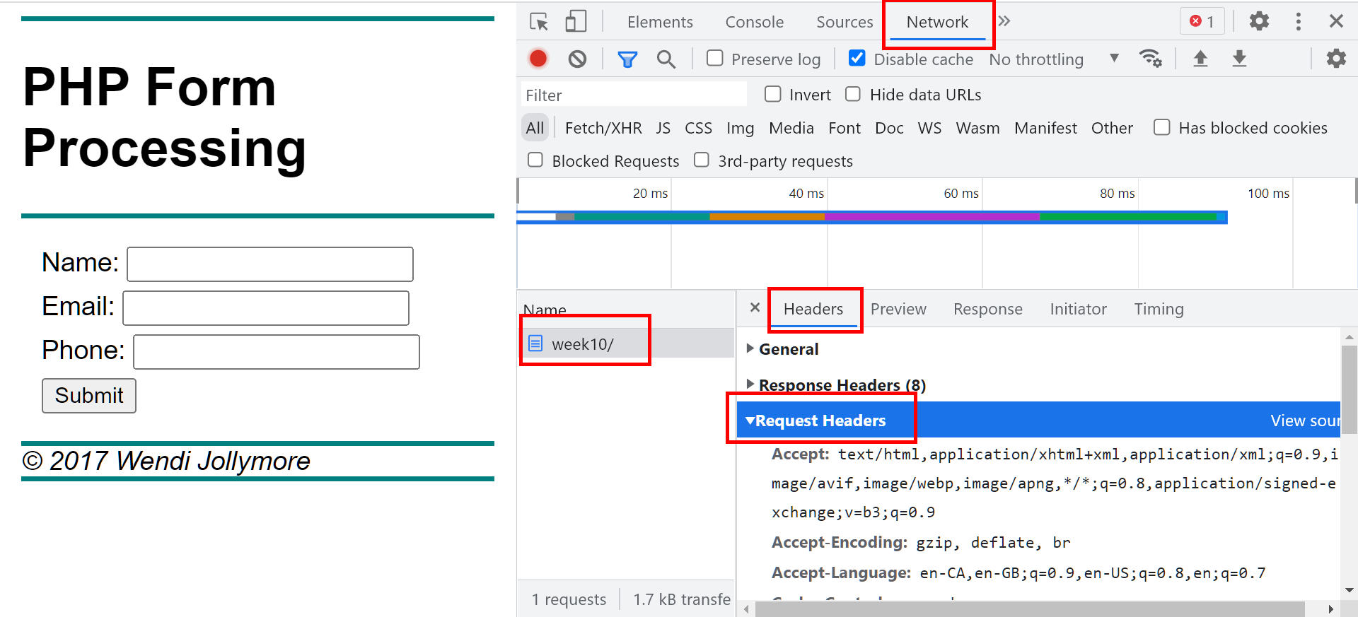 the headers showing after selecting Request Headers