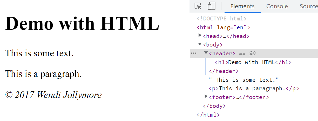 the browser output and the Inspection window in Chrome