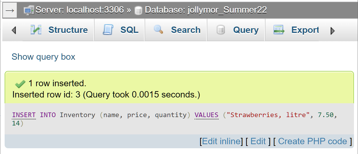 message: 1 row inserted; inserted at row id 3