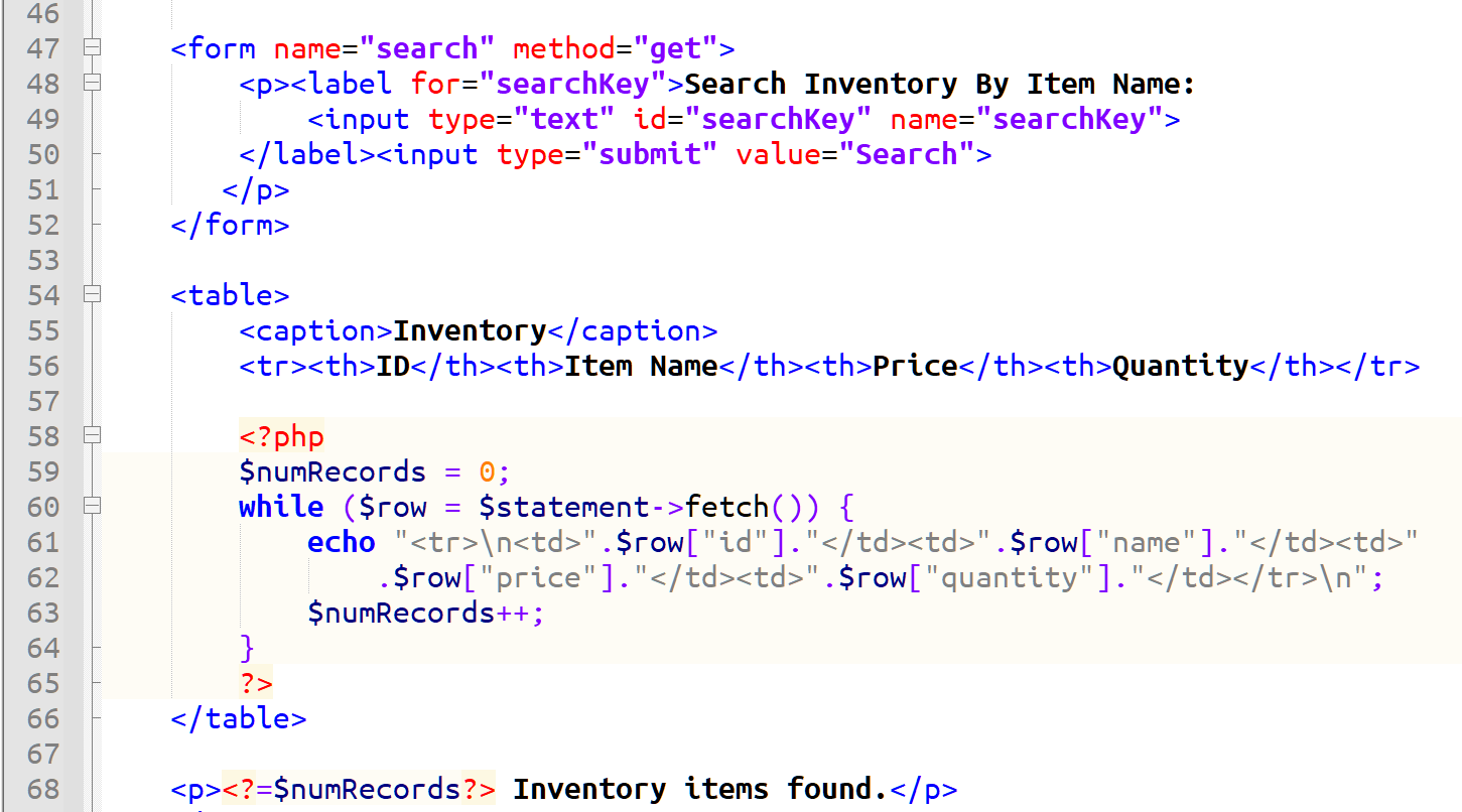 code in the body that displays the table